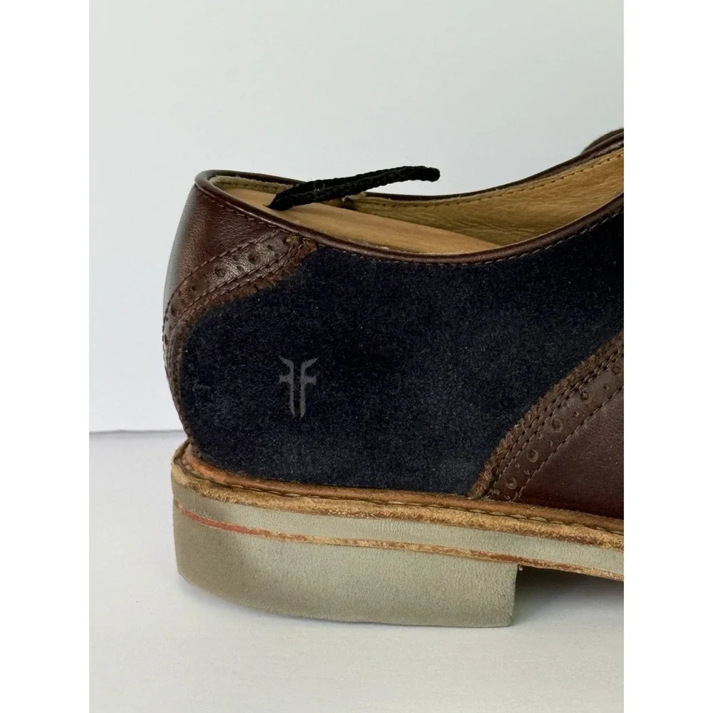 FRYE Mens Jim Saddle Indigo Suede Brown Leather Oxford Dress Casual Shoes Sz 10M